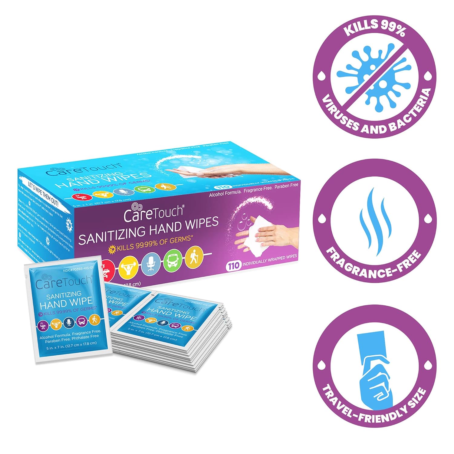 Care Touch Hand Sanitizing Wipes - 110 Individually Wrapped Scent-Free Wet Cleaning Wipes for Home, Office, Travel and Outdoor Use: Industrial & Scientific