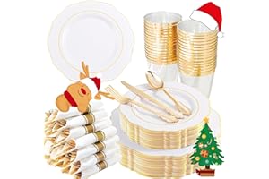 Liacere 350PCS Gold Plastic Plates-Disposable White and Gold Plates 50guest Baroque Plastic Dinnerware include 100Plates, 50Pack Pre Rolled Napkins with Silverware 50Cups for Wedding&Thanksgiving