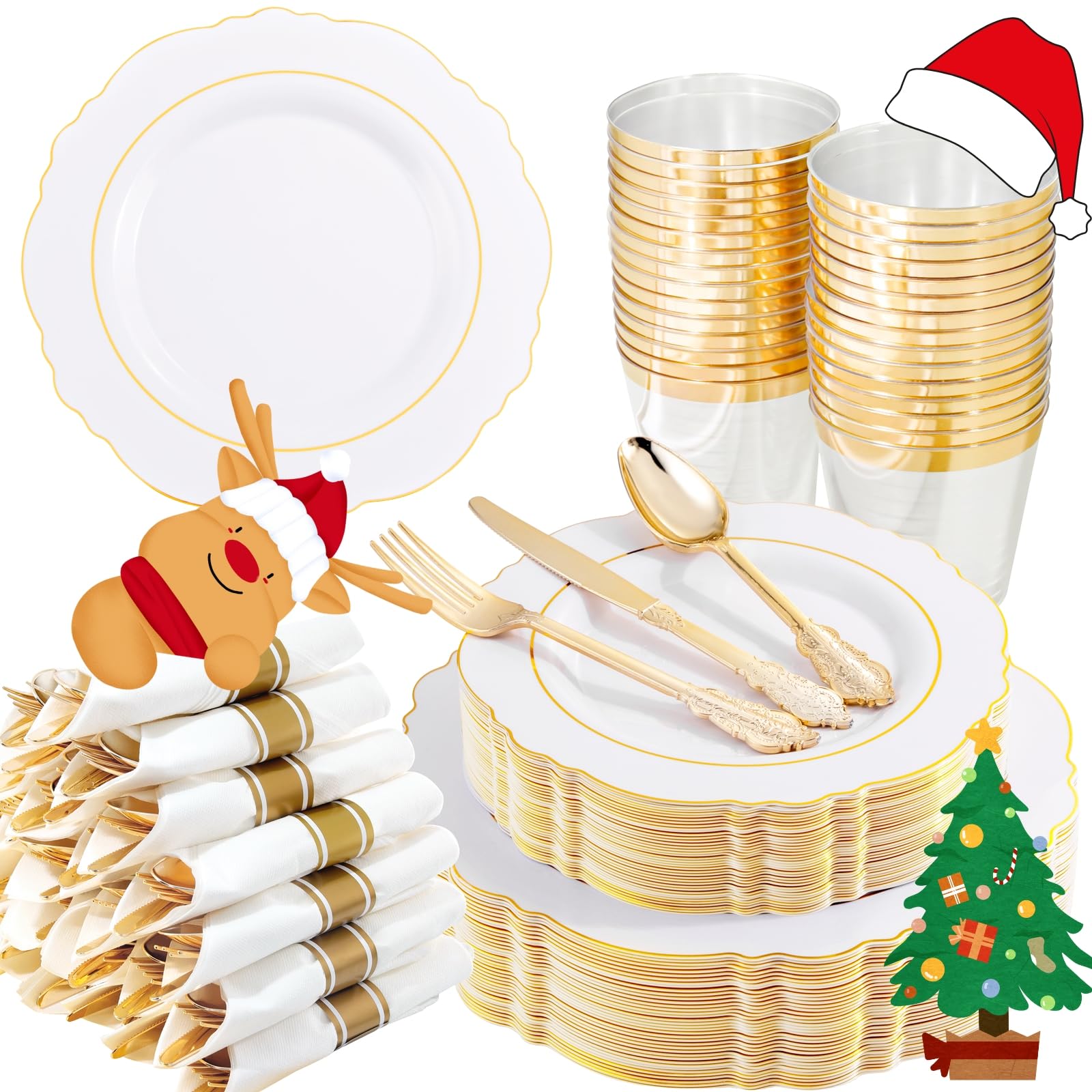 Photo 1 of **MISSING PARTS**
Liacere Gold Plastic Plates-Disposable White and Gold Plates 50guest Baroque Plastic Dinnerware include 100Plates, 50Pack Pre Rolled Napkins with Silverware 50Cups for Wedding&Thanksgiving