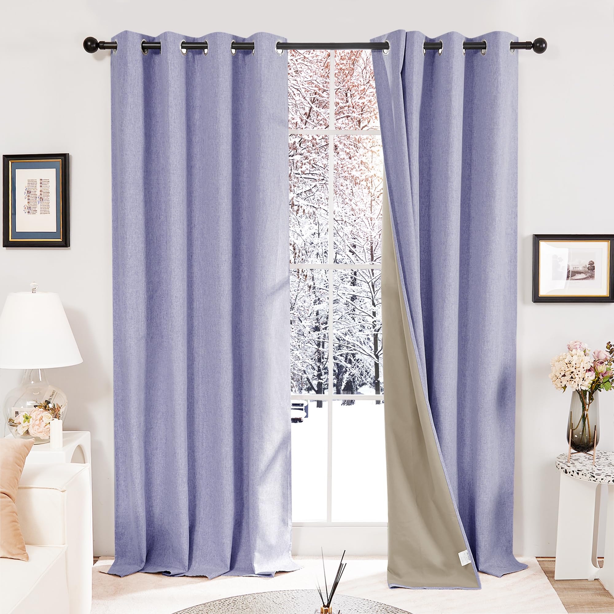 Deconovo 100% Blackout Curtains Faux Linen Thermal Insulated Curtains Eyelet Curtains for Bedroom Purple W46" x L72" One Pair