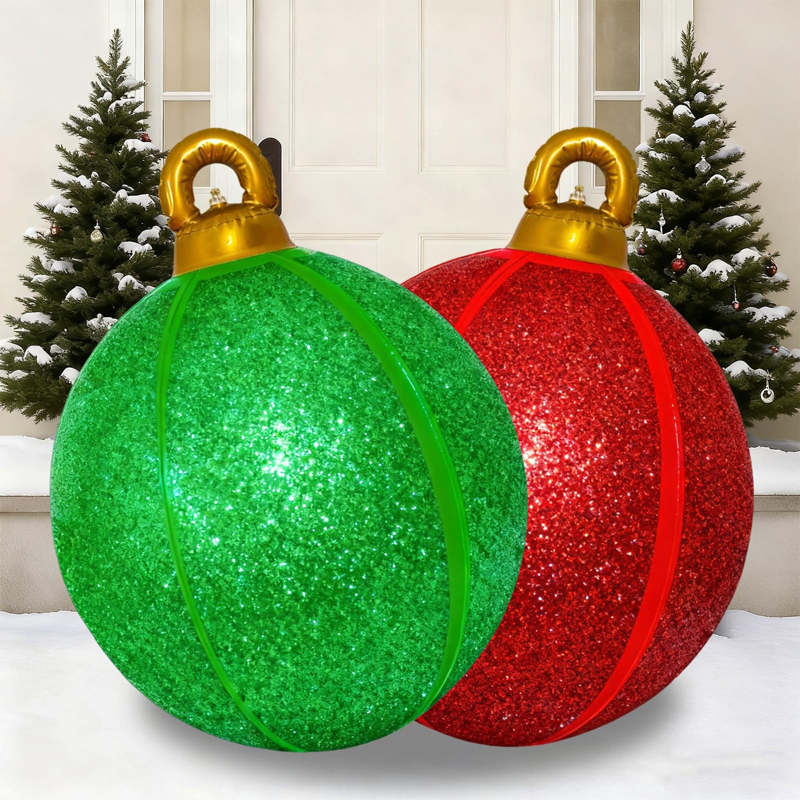 Photo 1 of 2 Pack 24 Inch Inflatable Christmas Balls, Giant Inflatable Ornaments Outdoor, Extra Large Outdoor Christmas Ornaments for Lawn, Porch, and Front Door (Red & Green)