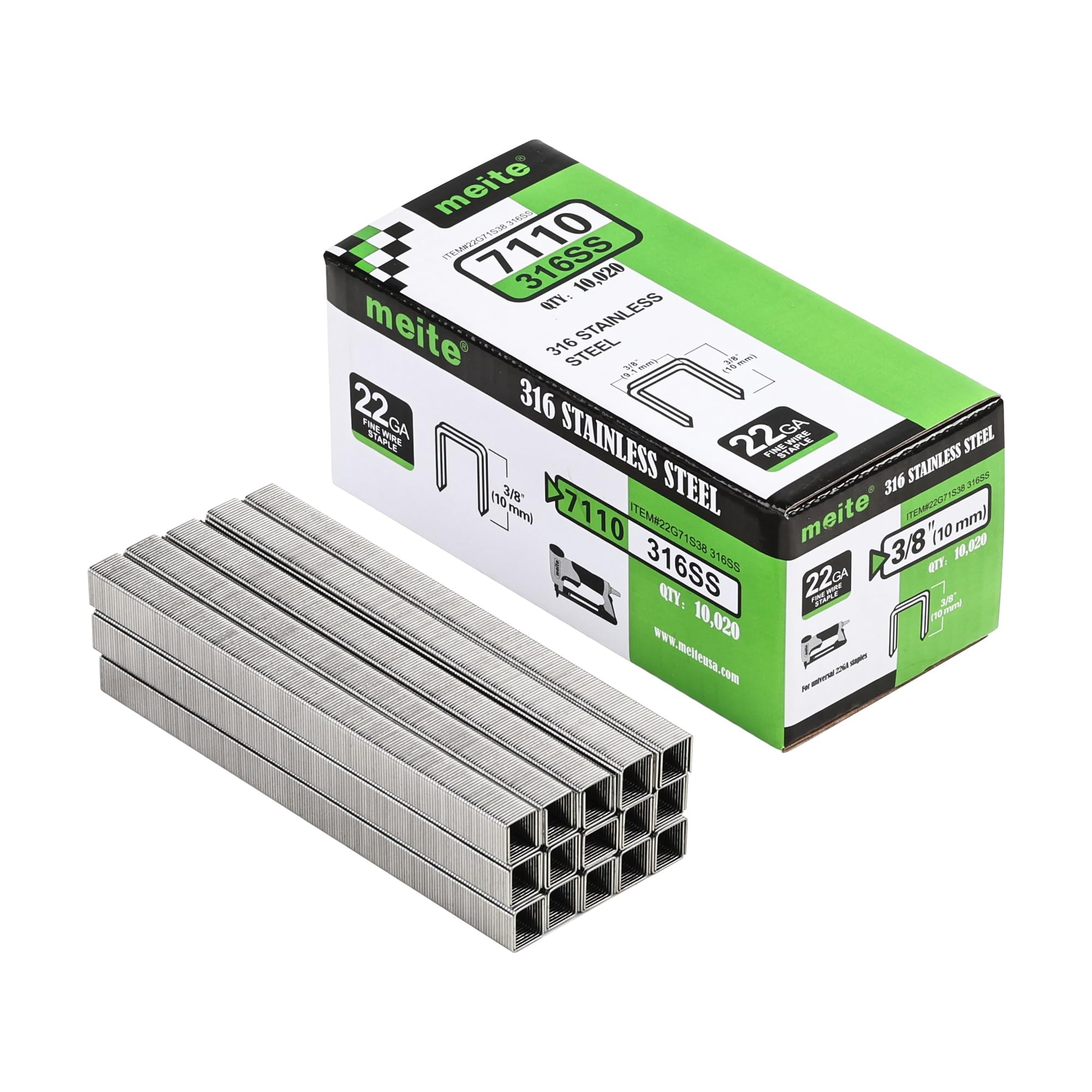 meite Type 71/10 mm Stainless Steel Staples Marine, Type 71 Upholstery Staples for Staple Gun, 22 Gauge, 9.1 mm Crown, 316 Stainless Steel for Marine Applications (10,000 Counts)