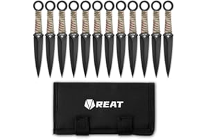 REAT Throwing Products - 12 Piece, 6.5" 440 Stainless Steel with Green Cord-Wrapped Handle, Includes Nylon Carrying Case for Safe Storage,Kunai Knives for Competition,Recreation (Black/Camouflage)