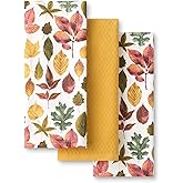 Martha Stewart Autumn Harvest Falling Leaves Kitchen Towel 3-Pack Set, 100% Cotton with Absorbent Terrycloth, Decorative Kitchen Towels, Tan/Red/Green, 16"x28"