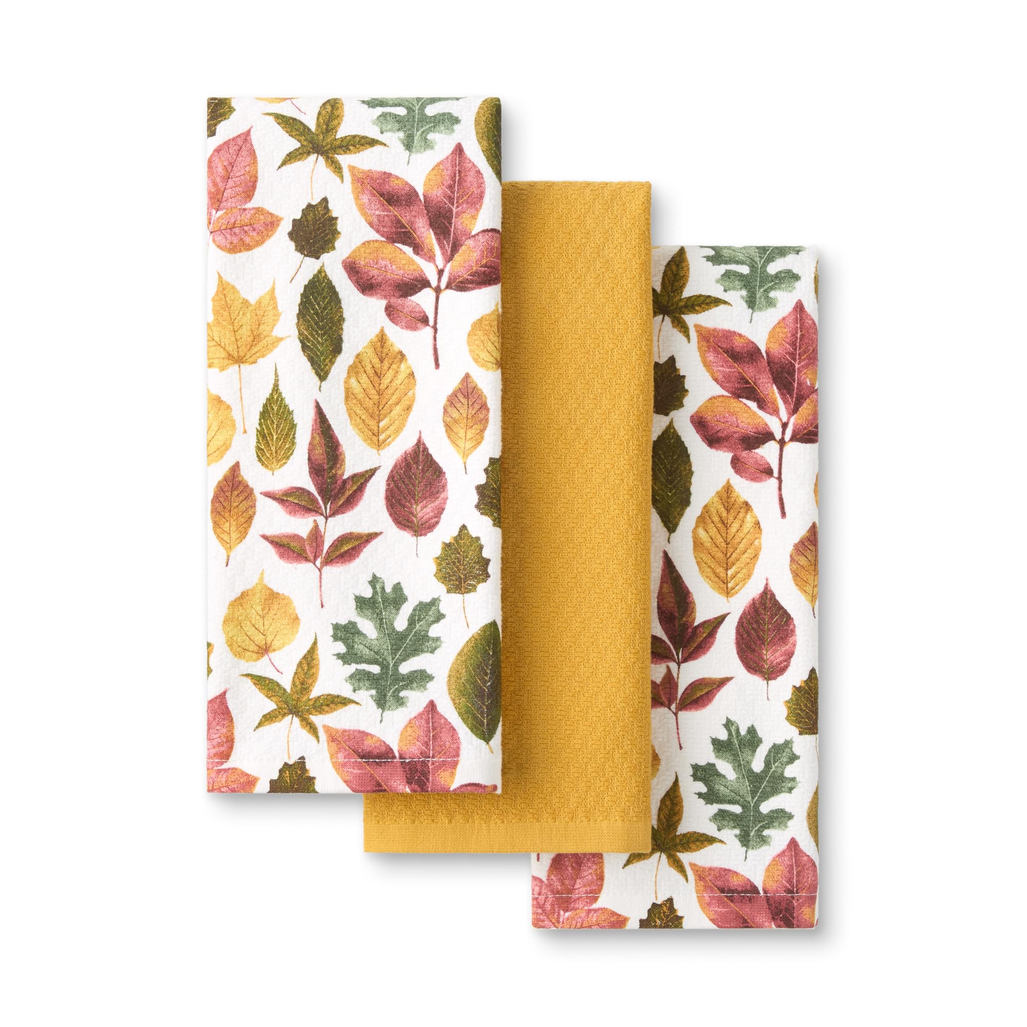 Photo 1 of Martha Stewart Autumn Harvest Falling Leaves Kitchen Towel 3-Pack Set, 100% Cotton with Absorbent Terrycloth, Decorative Kitchen Towels, Tan/Red/Green, 16"x28"