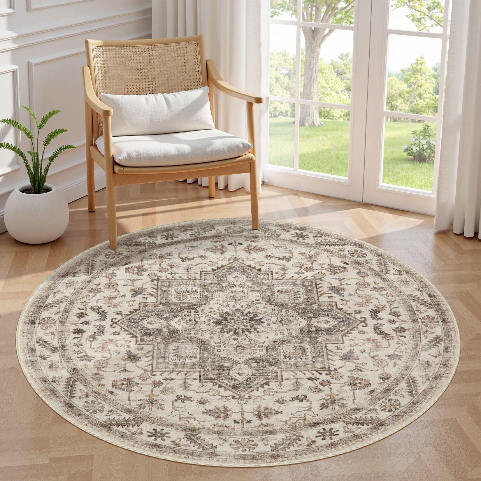 5ft Round Vintage Living Room Area Rug - 5x5 Large Soft Washable Oriental Traditional Distressed Farmhouse Rugs for Bedroom - Indoor Floor Accent Carpet for Home Office House Decor - Light Brown Image