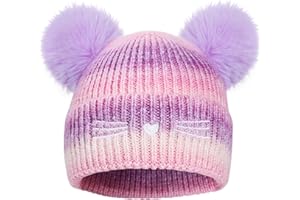 POP YOUR DREAM Girls Rainbow Pompom Beanies Hats, Embroidered Cat Knit Beanie Hat for Kids Snow Ski Skull Cap Age 3-14