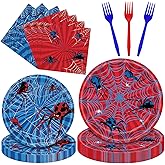100 Pcs Spider Party Tableware Set – Disposable Red and Blue Plates, Napkins, and Forks with Spider and Web Designs for Halloween, Kids Birthday Parties, and School Celebrations – Serves 25 Guests