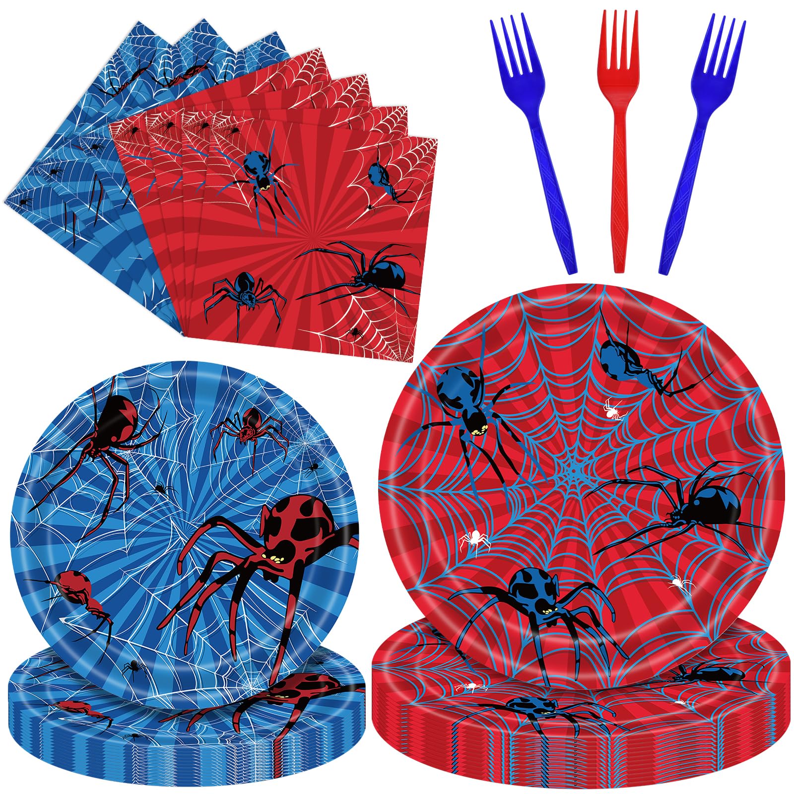 Photo 1 of 100 Pcs Spider Party Tableware Set – Disposable Red and Blue Plates, Napkins, and Forks with Spider and Web Designs for Halloween, Kids Birthday Parties, and School Celebrations – Serves 25 Guests