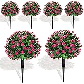 Yunlly Set of 6 Artificial Boxwood Topiary Ball Tree 16 Inch Outdoor Topiary Tree with Flower Fake Bushes, UV Resistance Faux Shrubs Evergreen Plant with Spike for Front Porch Indoor Decor (Pink)