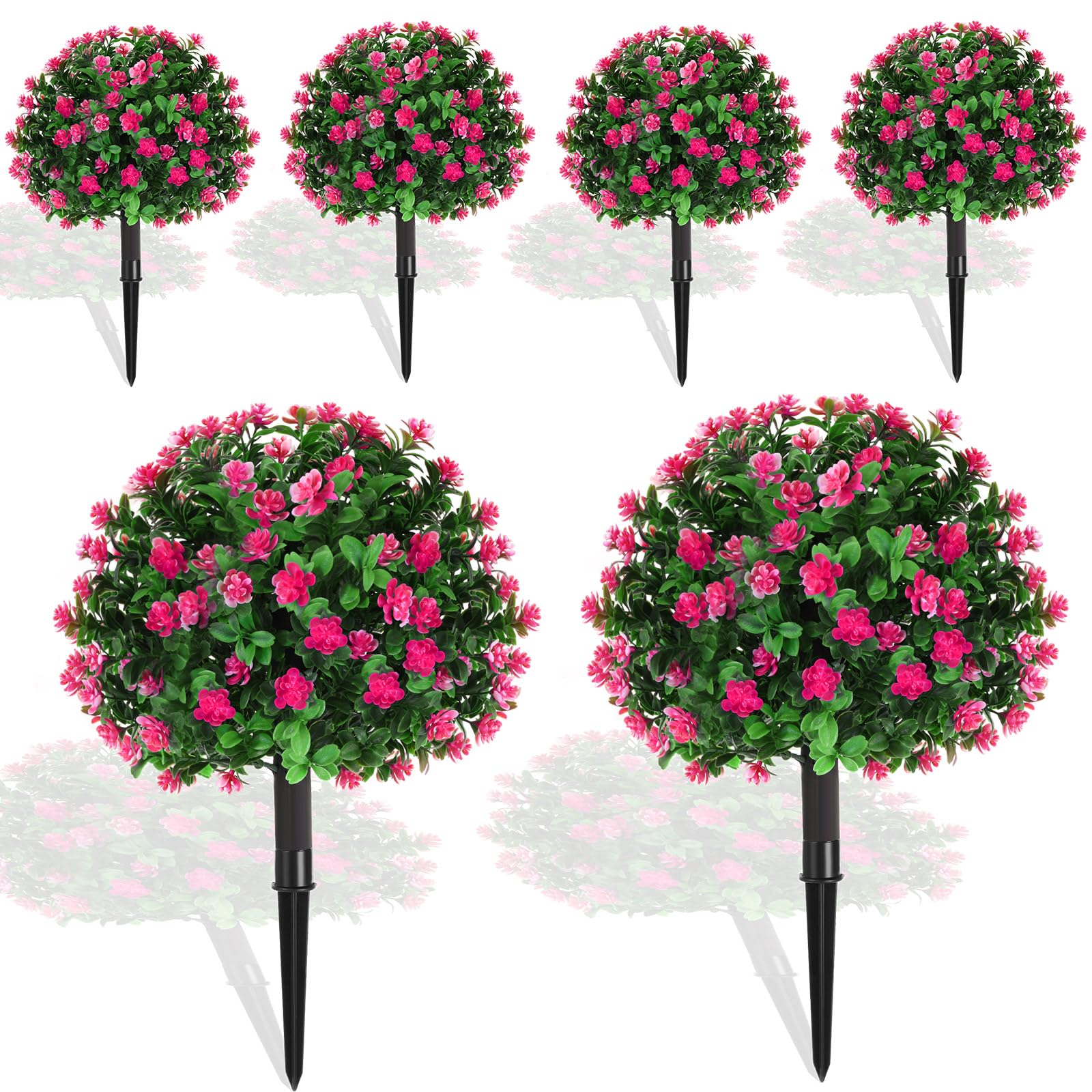 Photo 1 of Yunlly Set of 6 Artificial Boxwood Topiary Ball Tree 16 Inch Outdoor Topiary Tree with Flower Fake Bushes, UV Resistance Faux Shrubs Evergreen Plant with Spike for Front Porch Indoor Decor (Pink)