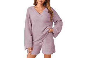 MEROKEETY Women's 2 Piece Outfits Fuzzy Fleece Sweater Set Long Sleeve Tops and Shorts Pajamas Set
