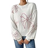 Libsorge Womens Cute Bow Flower Crewneck Long Sleeve Sweater 2025 Ribbed Knit Lantern Sleeve Sweater