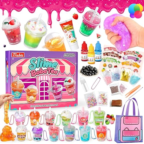 Trubic 46PCS Slime Boba Tea Making Kit for Girls Ages 8-12, DIY Pretend Play Food Toys, Bubble Tea Cups, Bag, Clear Slime, Add-ins, Making Miniature Food, Party Favors for Kids 6 7 9 10 11