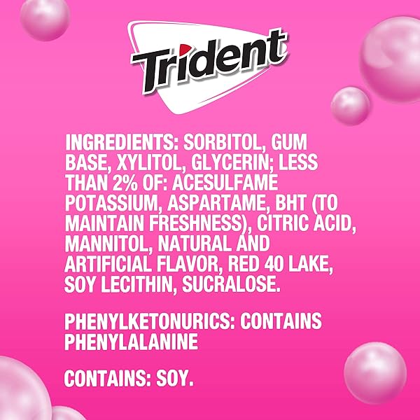TRIDENT BUBBLEGUM SUGAR-FREE CHEWING GUM, 3 PACKS OF 14 PIECES (42 TOTAL PIECES)