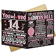 ICOOLYI 14th Birthday Card Gifts for Girls, Daughter, Niece, Granddaughter, 14th Birthday Decorations for Girls, Large Birthday Card for 14 Year Old, Funny Back in 2011 Birthday Card, Rose Pink Gold