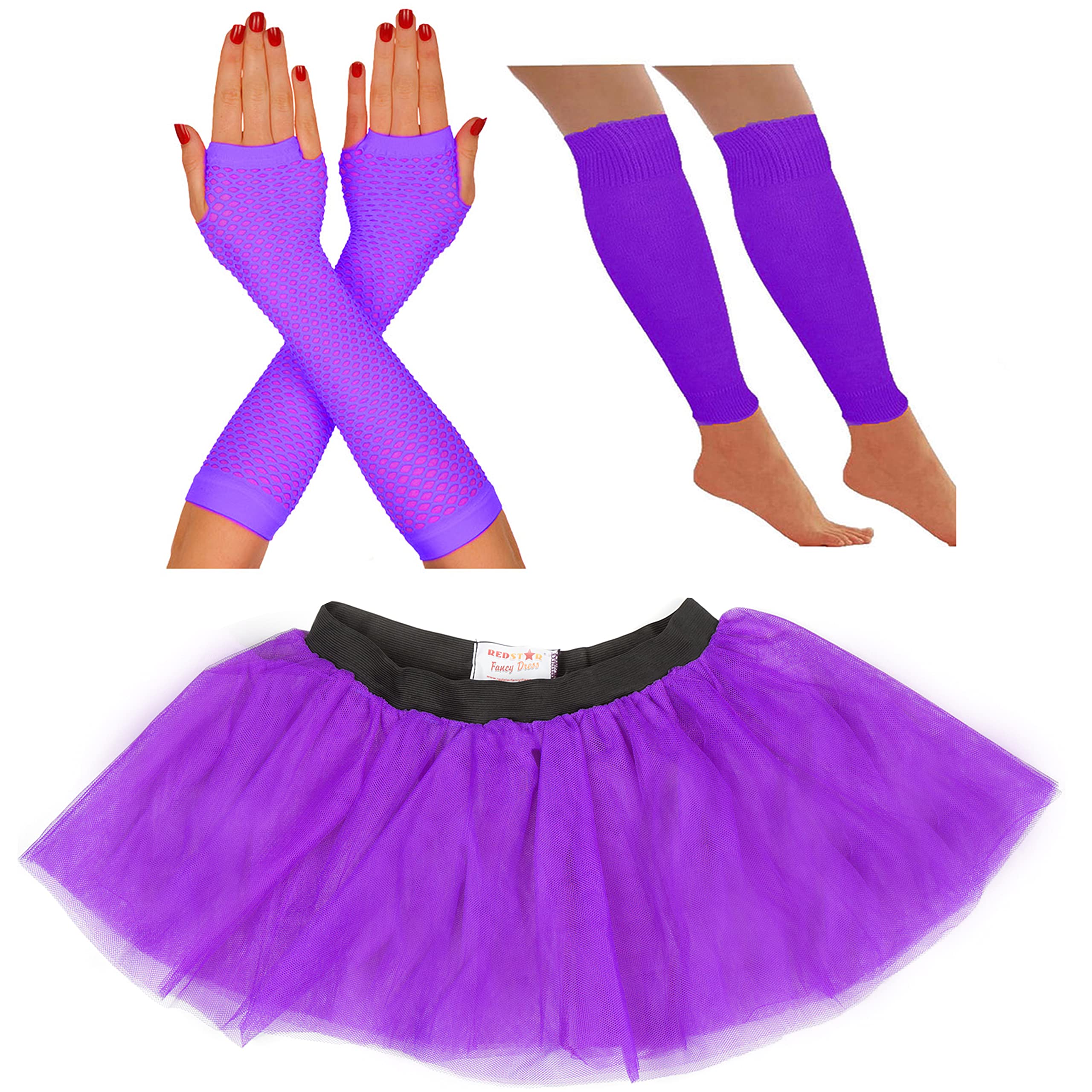 80s Fancy Dress for Women - Neon Tutu Skirt & Leg Warmers, Fishnet Gloves, Rave Retro Outfit (14-22 UK, Purple)