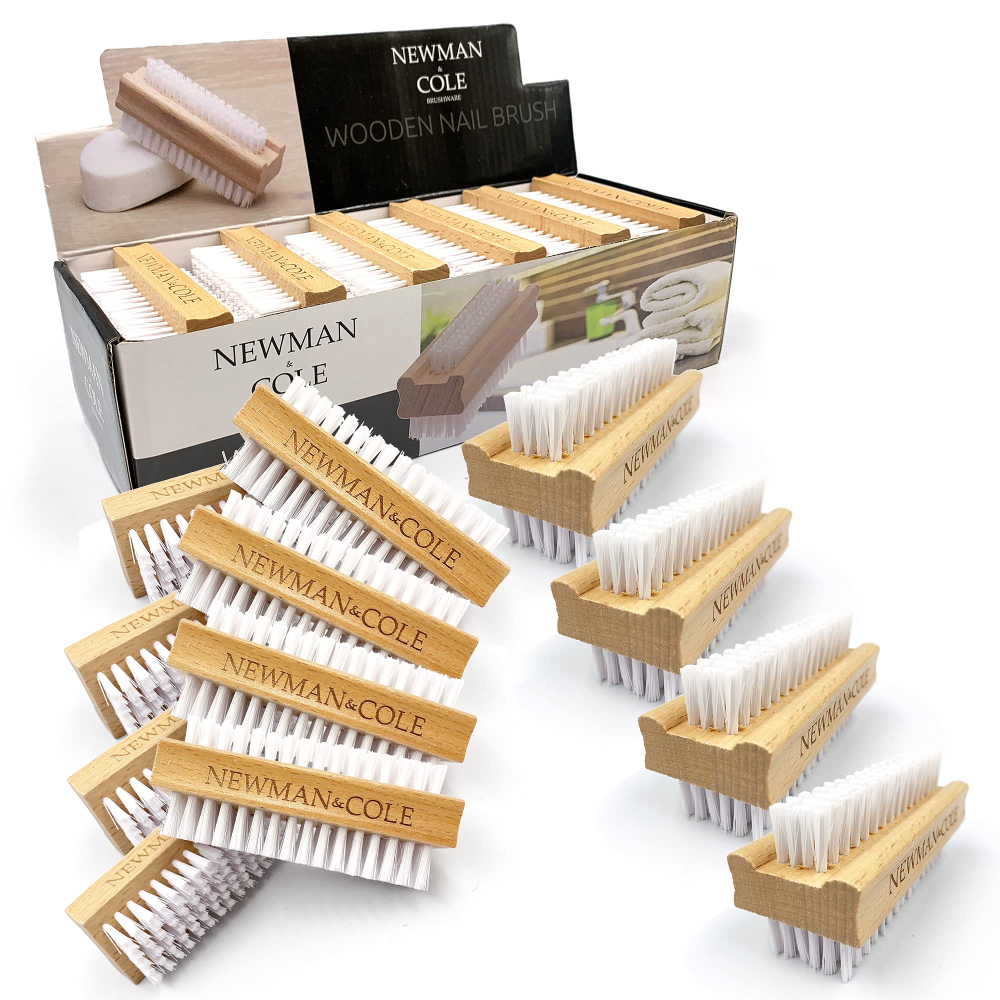 Wooden Nail Brush, Double-Sided Nail Scrubbing Brush with Firm Plastic Bristles (Box of 12)