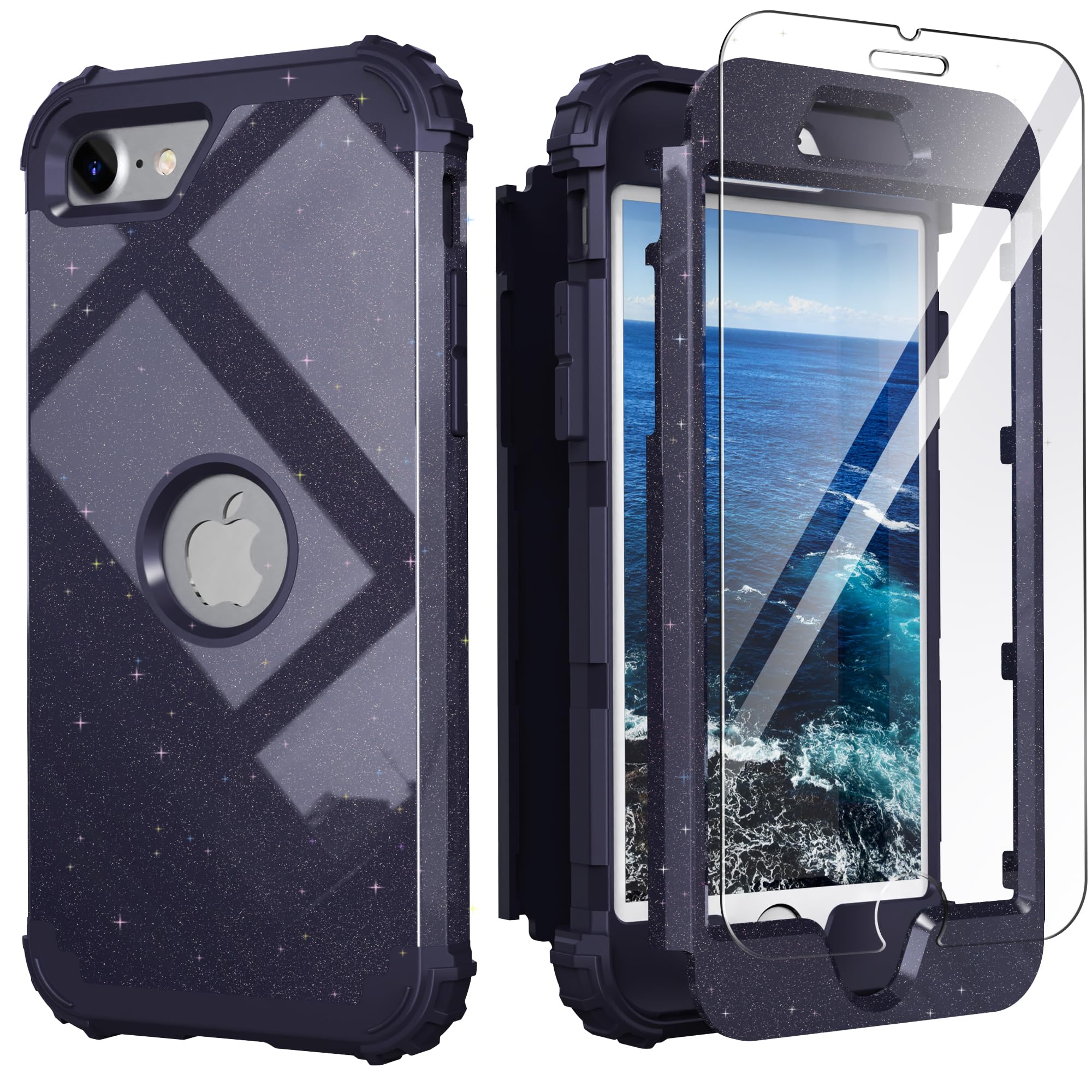 IDweel for iPhone SE 2020 Case with Screen Protector,Case for iPhone SE 2022, Sturdy 3 in 1 Shock Absorption Slim Fit Heavy Duty Hard PC Cover Soft Silicone Bumper Full Body Cover,Glitter Navy Blue