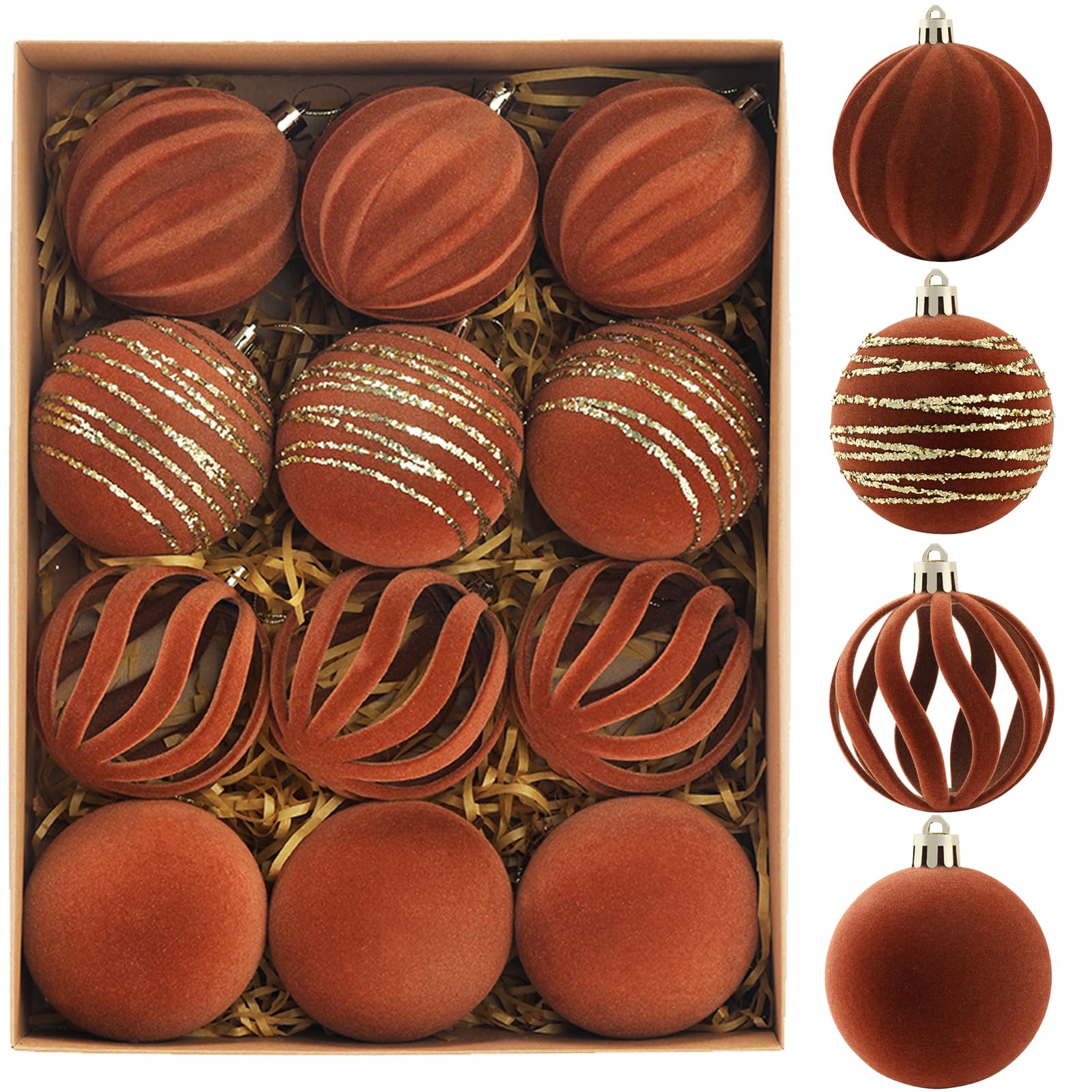 Photo 1 of Christmas Ornaments Set of 12, 3.15" Flocked Velvet Balls with Hand Painted Designs, Brown Elegant Christmas Tree Decorations in Gift Box