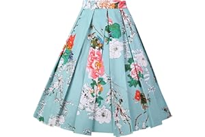 Dressever Women's Vintage A-line Printed Pleated Flared Midi Skirts
