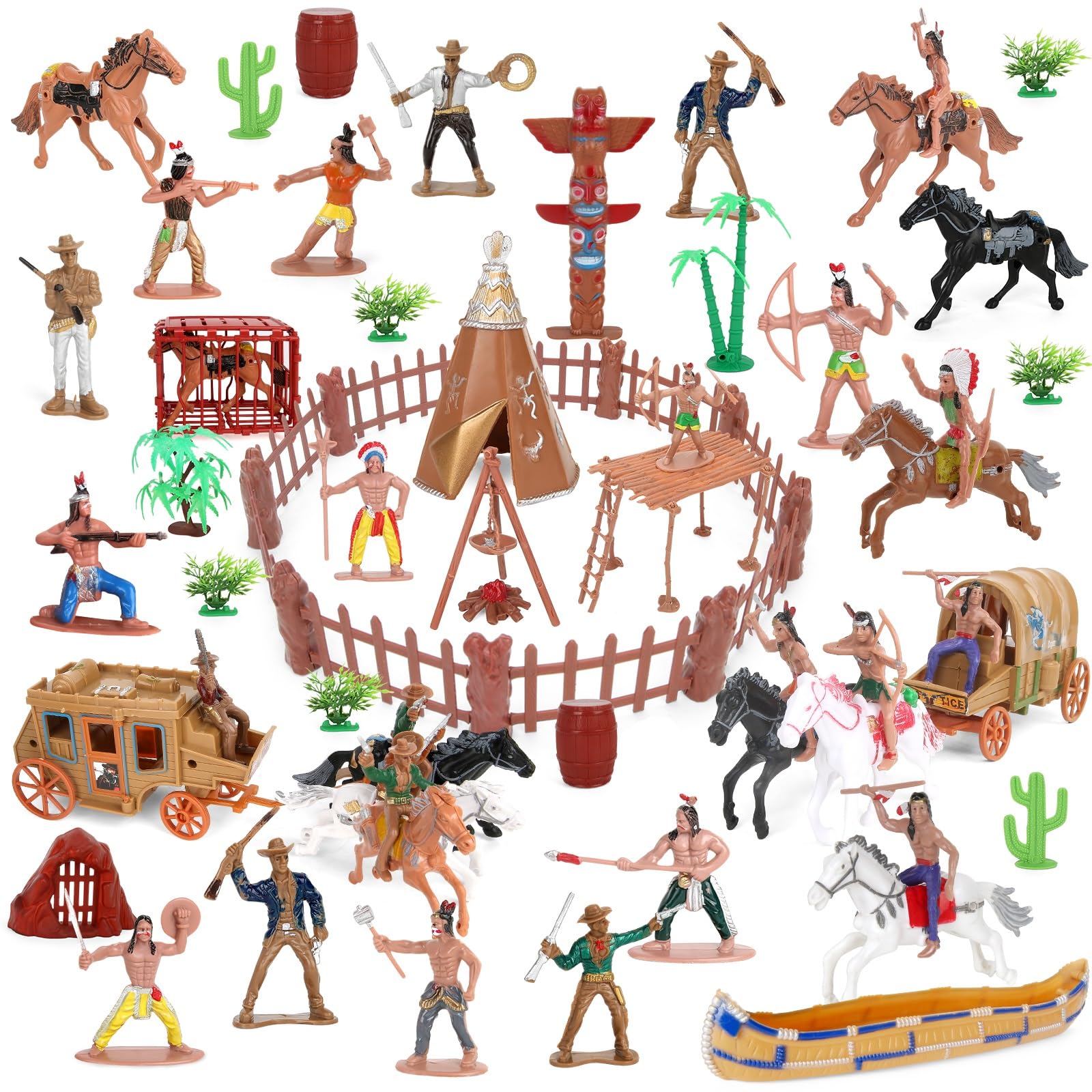 Boderam Wild West Cowboys and Indians Plastic Figures Playset,77PCS Educational Toys Bucket of Native American Indians Action Figurines and Accessories for Kids Boys Girls Age 3+