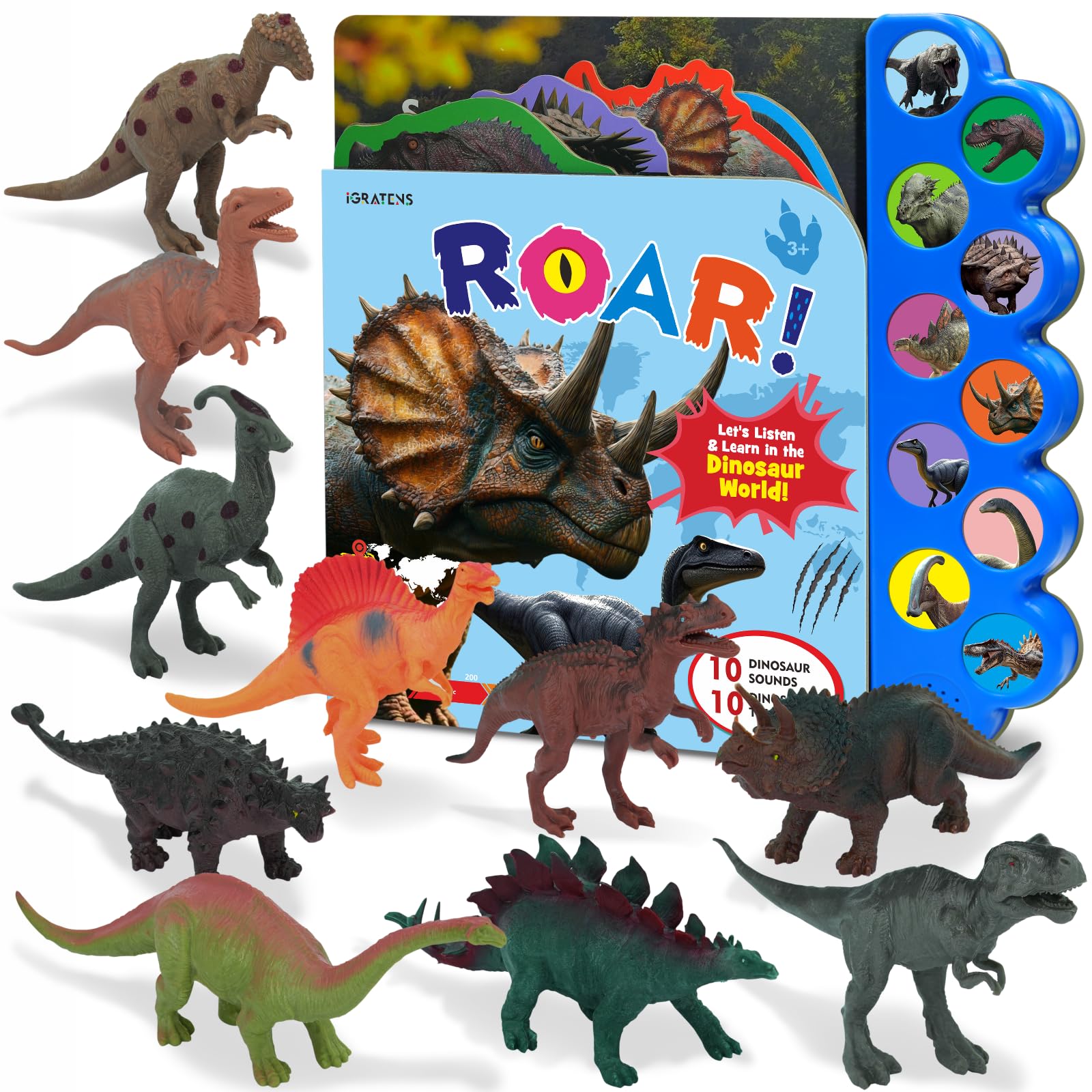 iGRATENS Dinosaur Toys with Sounds Book, 10PCS Dino Figures for Toddlers & Animal Sounds Book with 10 Buttons, Realistic Plastic Animal Figures, Dinosaur Toys for Kids 3-5, Gifts for Dinosaurs Lover — image 1