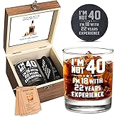 Harmora 40th Birthday Gifts for Men – Funny Whiskey Glass Set for Him Born in 1986 – 40 Year Old Gift Ideas for Dad, Husband, Friends, Brother – Wooden Box, Coaster, Cards