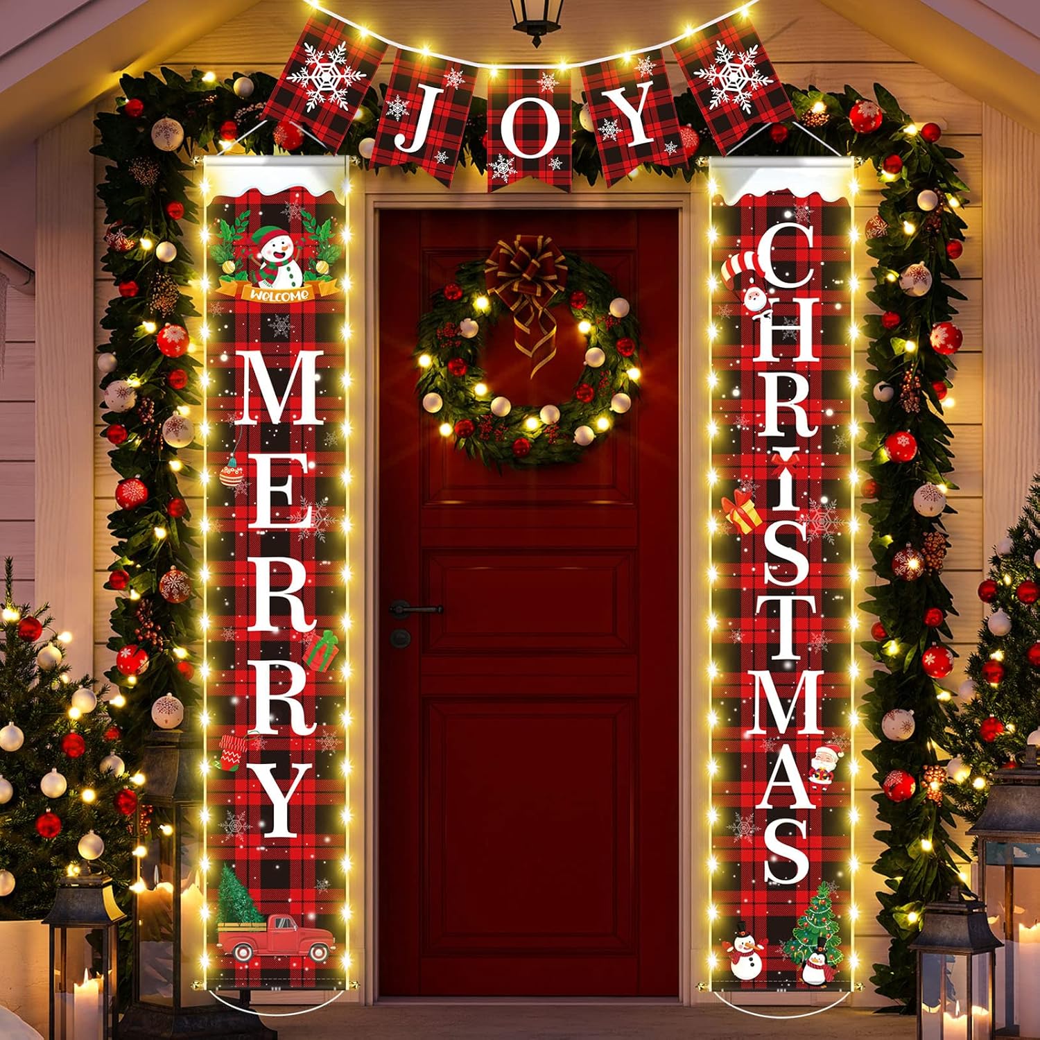 Yard Signs - 7 Pcs Merry Christmas Banner Lighted Front Porch Sign, Red Black Buffalo Plaid Porch Sign, Joy Merry Christmas Led Lights Door Banner, for Xmas Home Wall Door Yard Hanging Holiday Party Outdoor Decor