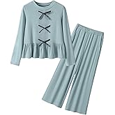 oyyniis Girls Clothing Set Long Sleeve Ruffle Hem Top & Flare Leg Pants Casual Cute Outfits With Bowknot 5-14 Years
