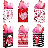 MIMIND 48 Pack Valentine's Day Gift Bags with Tissue Paper Valentines Kraft Paper Bags with Handles Heart Paper Gift Bags for Wedding Valentine Party Favors Treats Goodies, 6 Designs