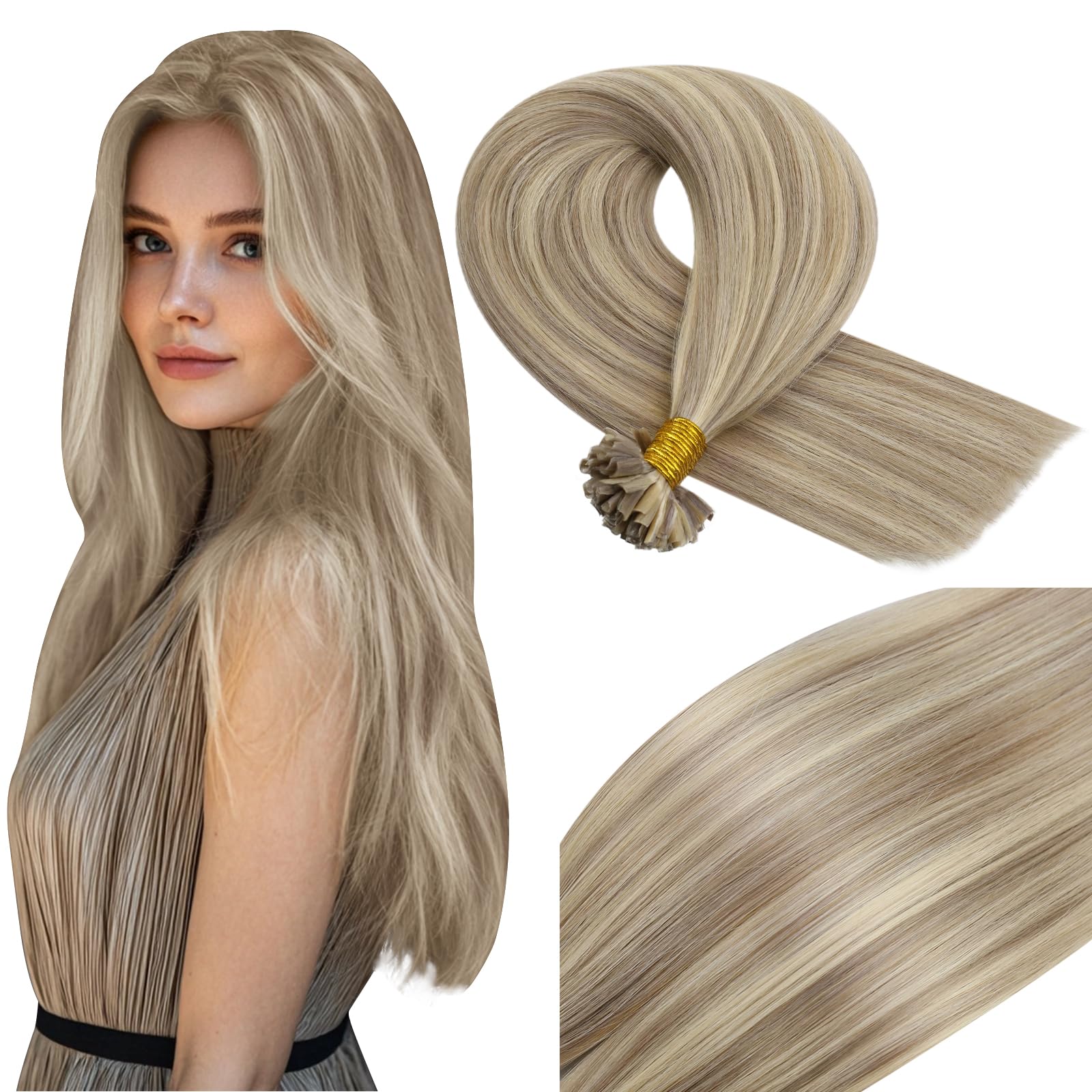 Vivien U Tip Human Hair Extensions Blonde Nail Tip Hair Extensions Highlight Light Blonde with Golden U Tip Hair Extensions Human Hair Silky Straight 50g/50s #16/22 22 Inch — image 1