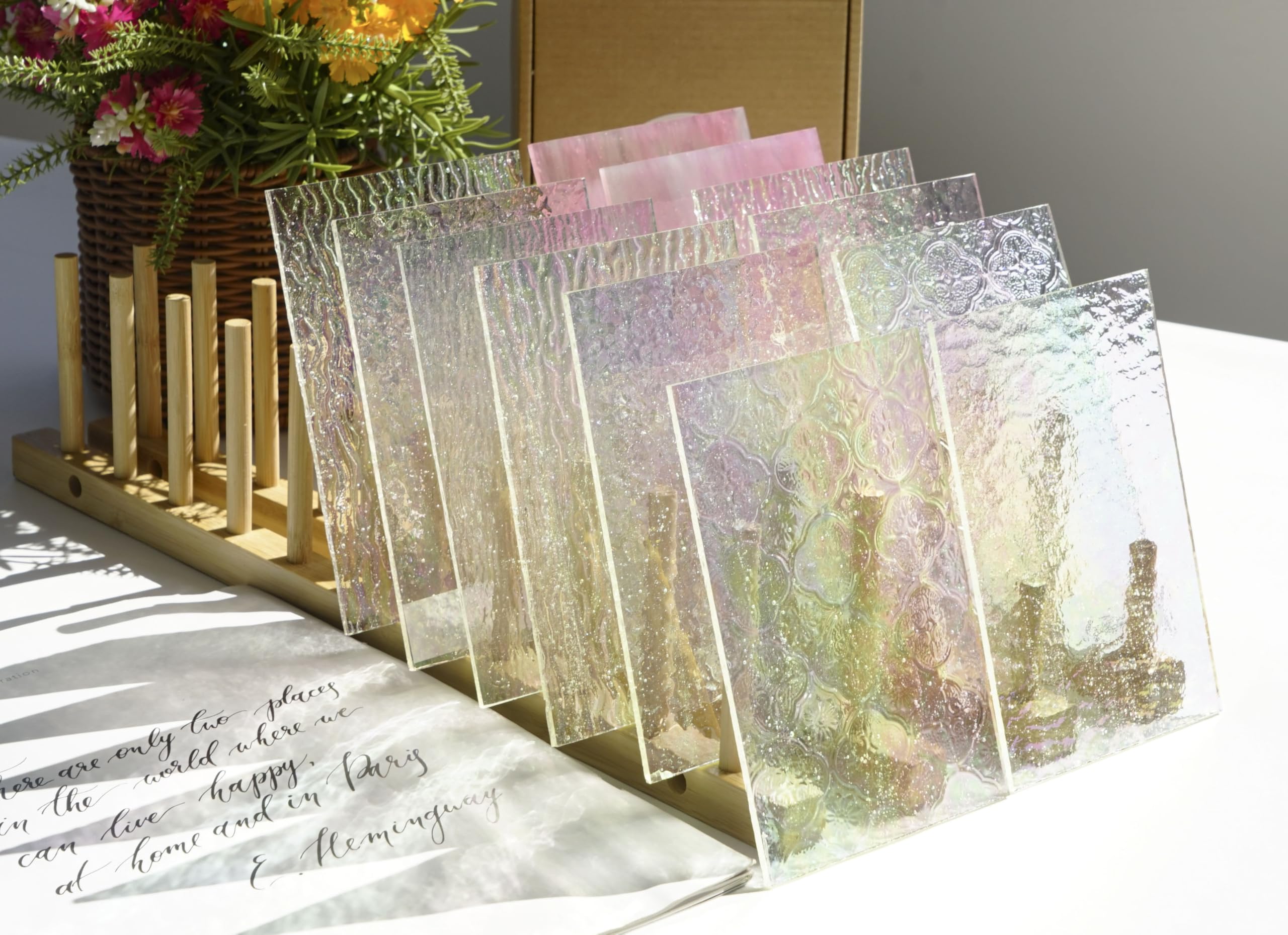 Lanyani 12 Sheets Iridescent Clear Textured Stained Glass Sheets for Crafts, 4x6 inch Cathedral Art Glass Packs for Mosaic Work