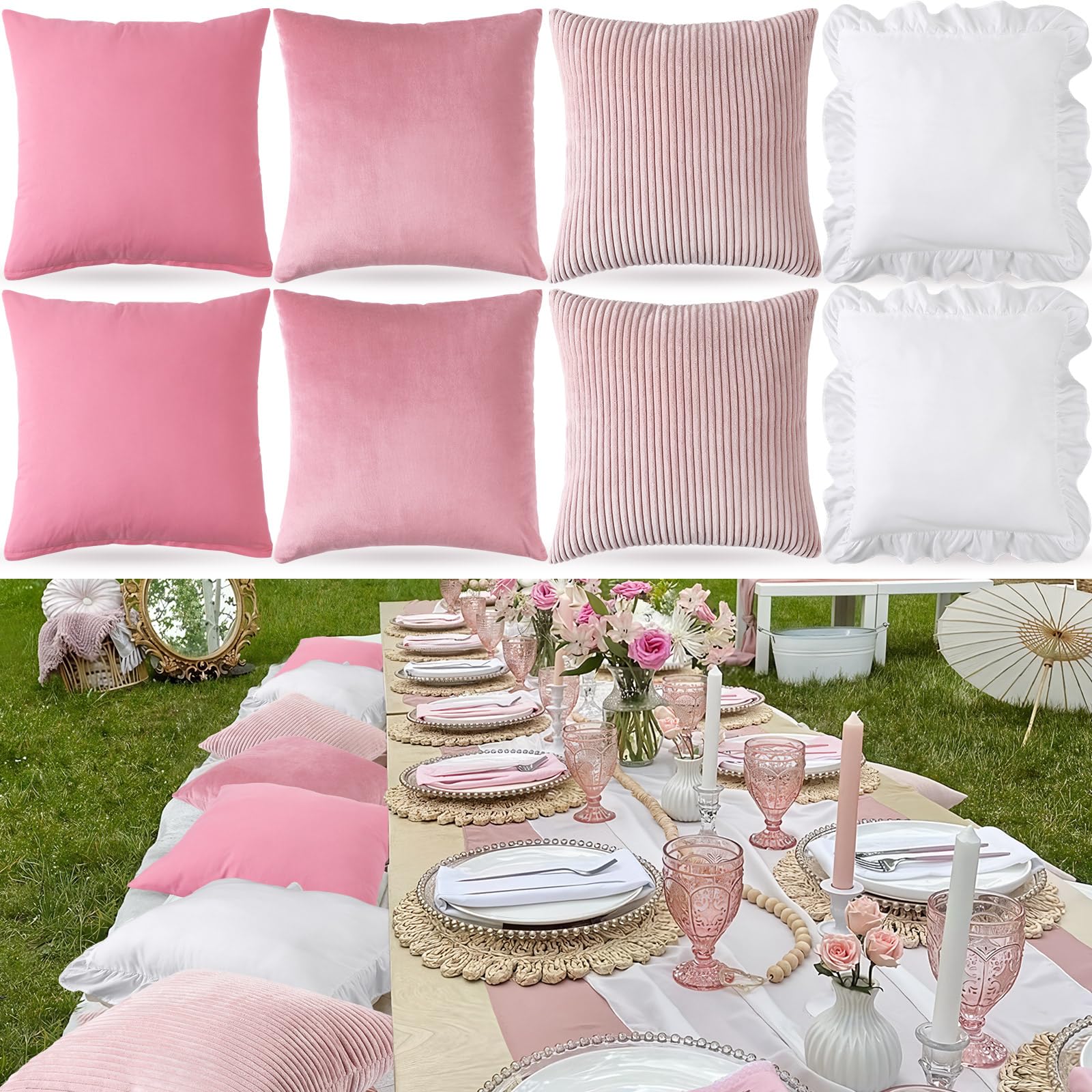 Photo 1 of Yuntau 8 Pcs Pink Picnic Pillow Covers Summer Birthday Party Picnic Set Mordern Cushion Aesthetic Throw Cover 18x18 Inch for Brunch Bachelorette Backyard Beach Couch Bed Sofa Decor