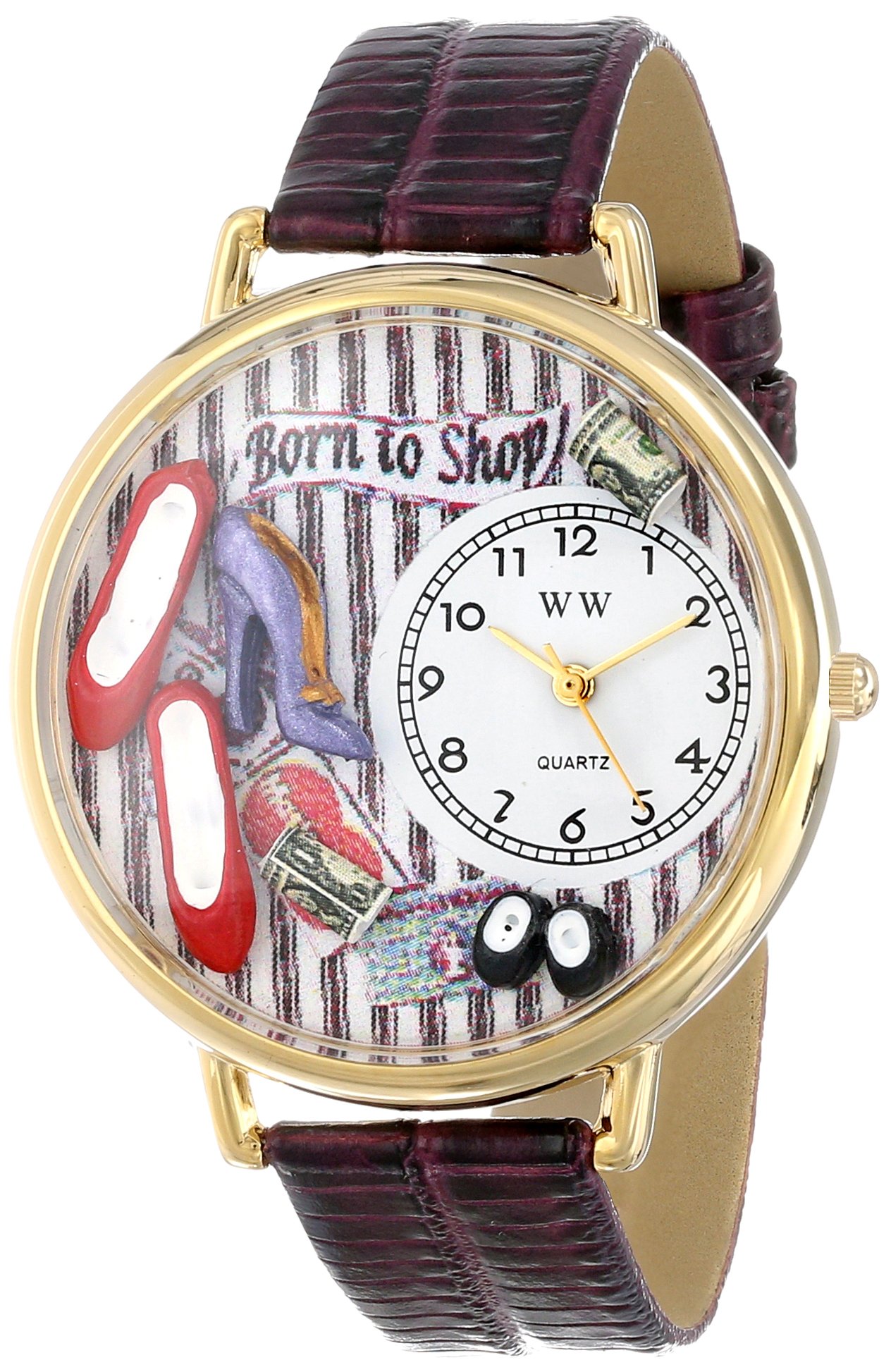 Whimsical Watches Shoe Shopper Purple Leather and Goldtone Unisex Quartz Watch with White Dial Analogue Display and Multicolour Leather Strap G-1010005
