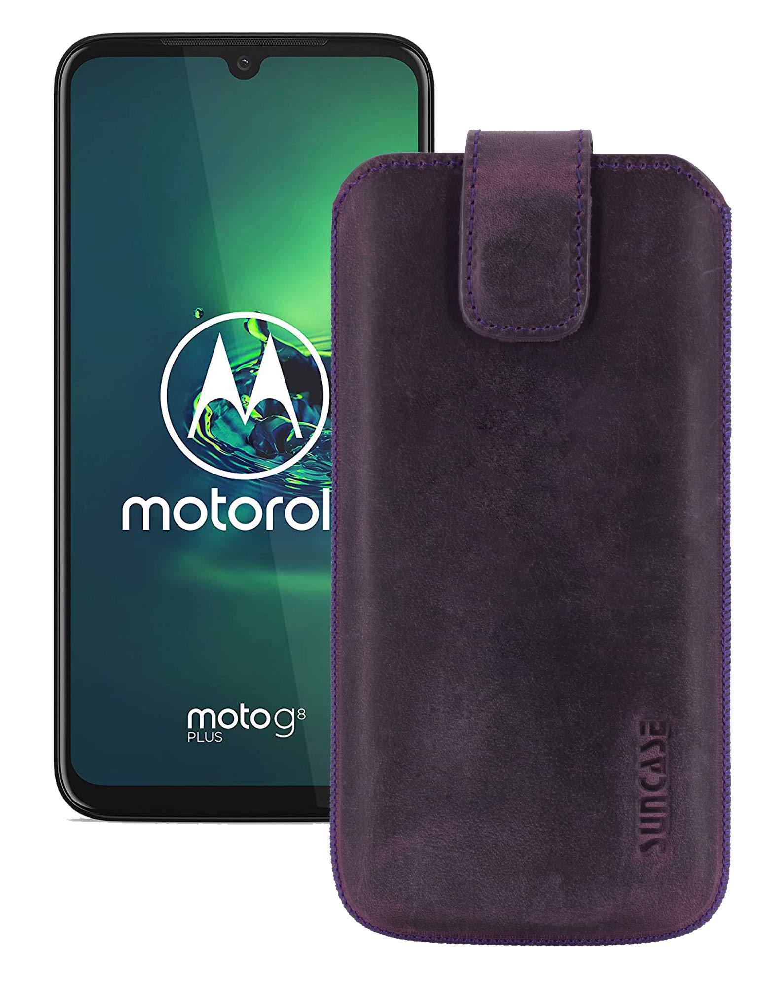 Suncase Genuine Leather Case Compatible with Motorola Moto G8 Plus with Additional Transparent Case | Silicone Bumper Mobile Phone Case (with Pull-Up Strap and Magnetic Closure) in Antique Purple