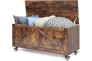 Evajoy Storage Chests, Retro Storage Bench and Trunks with Wheels, Toy Storage Box with Safety Hinge, Wooden Flip-Top Blanket Organizer with Seating for Entryway, Bedroom, Living Room