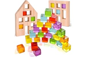 Woodtoe Wooden Building Blocks Set for Kids, 24 PCS Rainbow Gem Cubes Stacking Blocks - 2 Wood House, Montessori Stacking Toy for Toddlers, Educational STEM Learning Christmas Toy for Boys Girls 3-6