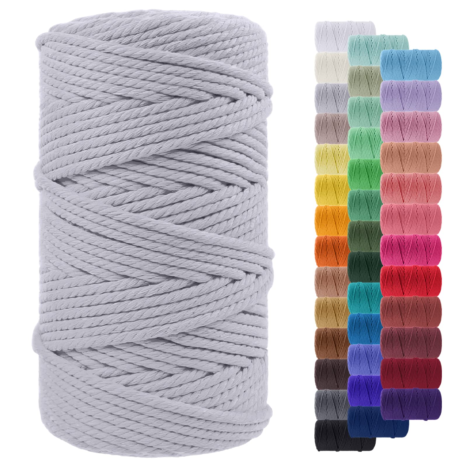 LEREATI Macrame Cord 5mm x 100m, Thick Macrame Rope Yarn Natural Cotton Cord, 4 Strand Twisted Colored Macrame String for Wall Hanging Plant Hanger DIY Crafts Boho Decor (Light Gray)
