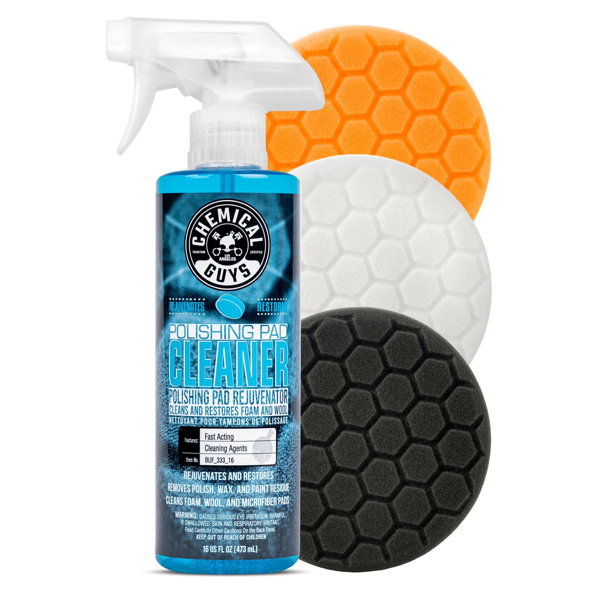 Photo 1 of Chemical Guys HEX_3KIT_5 5.5" Buffing Pad Sampler Kit, 4 Items, (1) 16 oz Polishing Pad Cleaner + (3) 5.5" Buffing Pads that Work with 5" Backing Plates