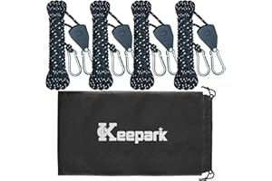 KEEPARK Camping Rope Tarp Tie Down Ropes with Ratchet System, Pulley & Reinforced Metal Gear - Heavy Duty Adjustable Guy Lines for Canopy Tent, Quick Setup Outdoor Strap (1/6-Inch Diameter x 16 Feet Long)