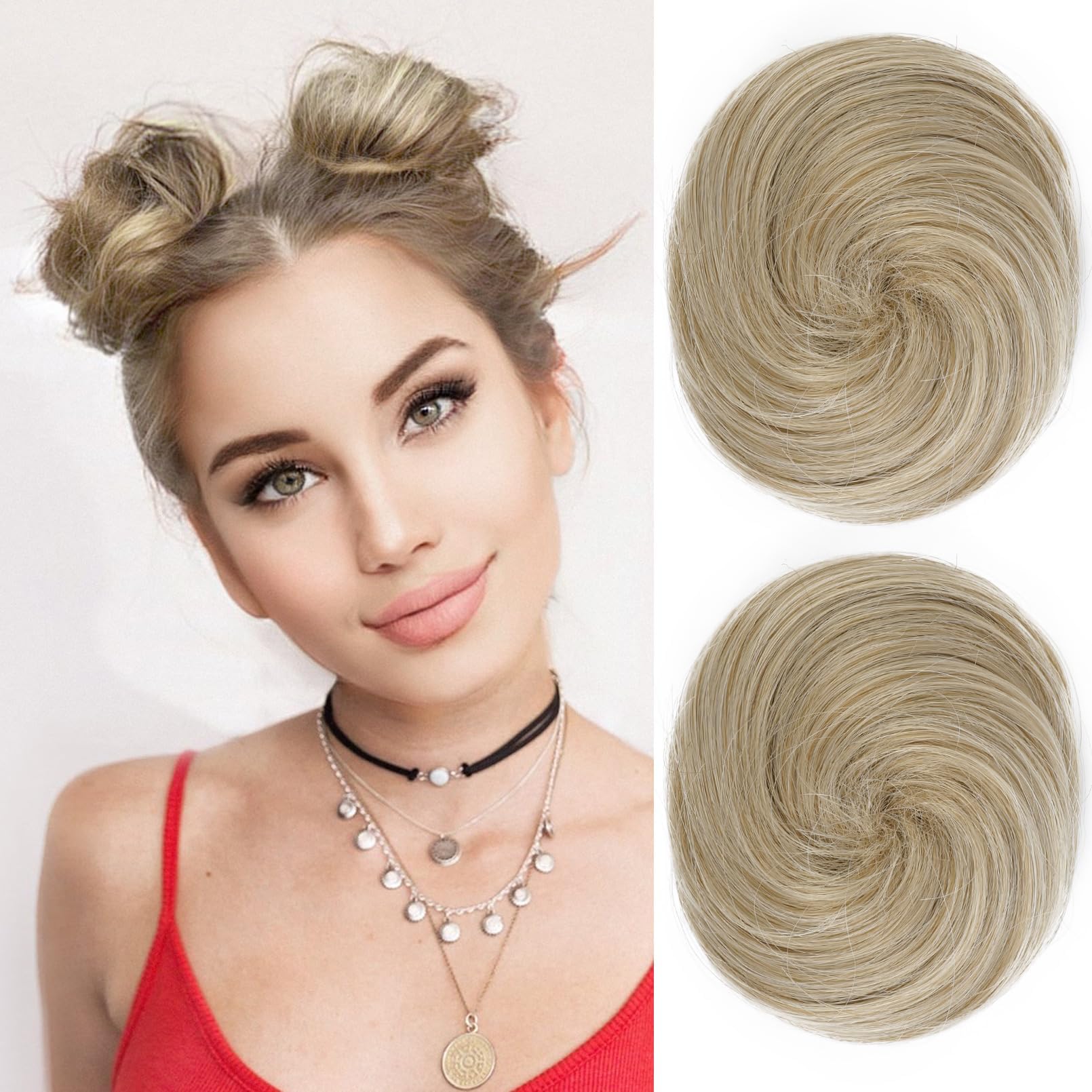 REECHO 2 PCS Mini Claw Clip in Messy & Cat Ears Hair Bun Extensions Wig Accessory Updo Hairpieces for Women Girls (Pack of 2-3" Straight, Medium Blonde with Pale Highlights)