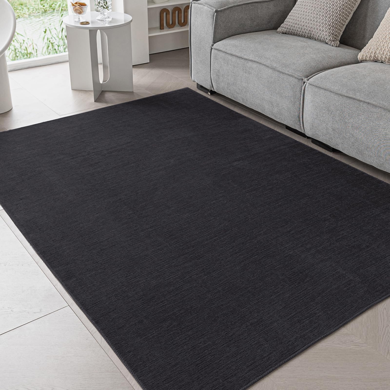 Ceneco Short Pile Rug - Black Non-Slip Mat,Soft Chenille Area Rugs, Washable Thin Rugs Living Room, Low Pile Bedroom, Kids Room, Office, Lounge Carpet (Black,60×90cm)