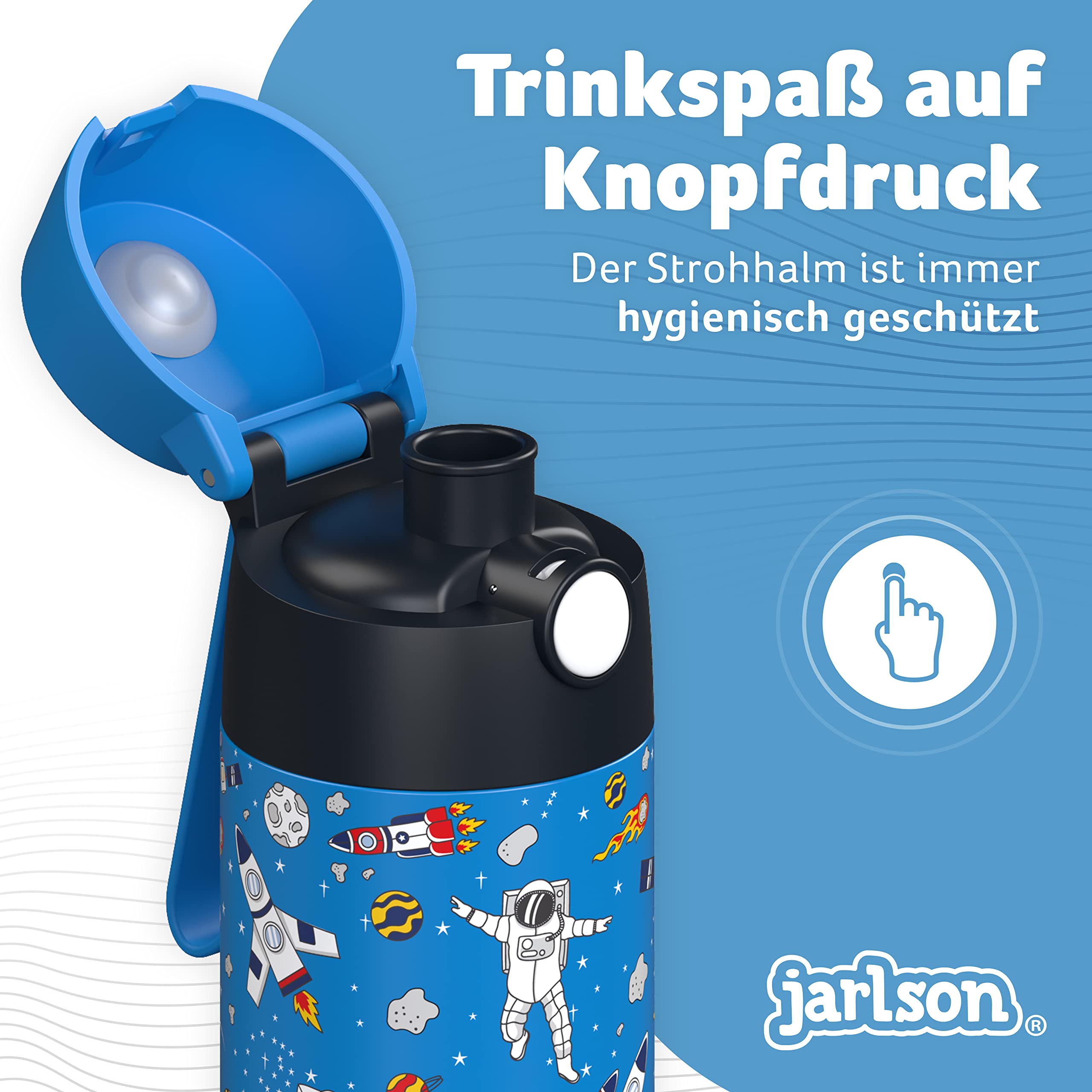 Jarlson® Trinkflasche Kinder Edelstahl MALI [THERMOSFLASCHE] - Kindertrinkflasche Auslaufsicher - Thermoskanne Kohlensäure geeignet - Thermo Trink Flasche für Schule & Kindergarten (350ml, Weltall) 6