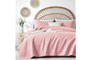 akkialla Rose Floral King Size Quilts,Quilt Bedding Set for King Bed,Pure Pink 3-Piece Lightweight Microfiber Bedspread,Botanical Flower Pattern Coverlet Set for All Seasons(1 Quilt,2 Pillow Shams)