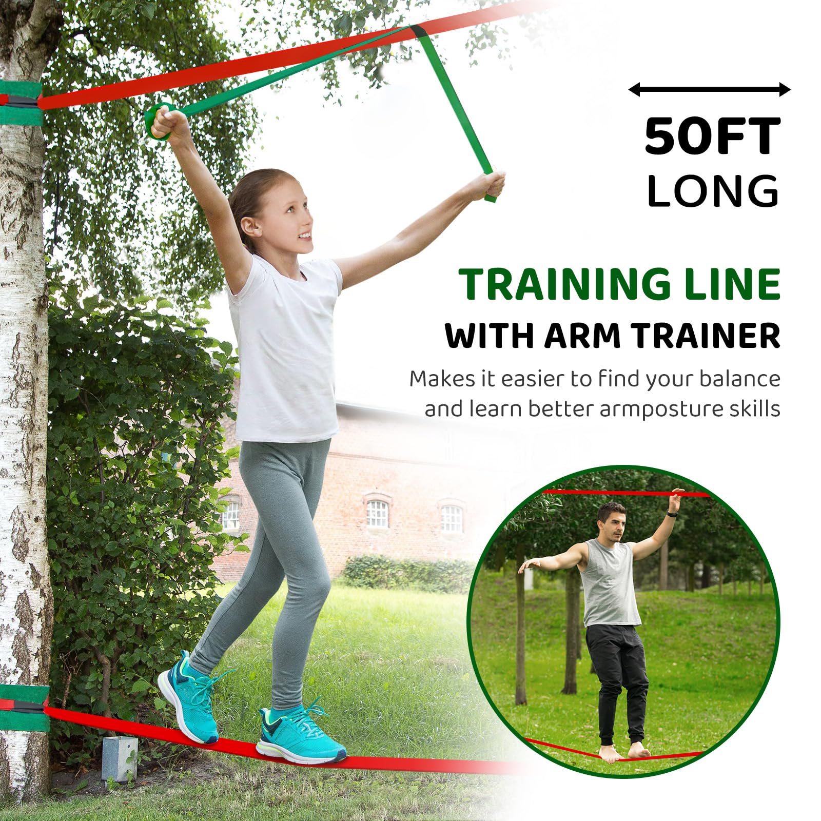 Ninja Warrior Obstacle Course for Kids Backyard - 2×50ft Slackline Kit with 10 Most Complete Accessories for Boys & Girls, Swing, Rope Ladder, Gymnastic Ring, Climbing Net, Arm Trainer and Monkey Fist