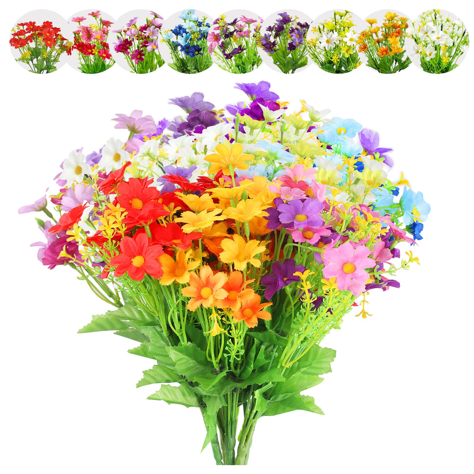 Yafe 12 Bundles Artificial Flowers, 9 Colors UV Resistant-Daisy Silk Artificial Fake Flowers, Plastic Flowers for Indoor Vase or Outside Hanging Planter Home Garden Decorating