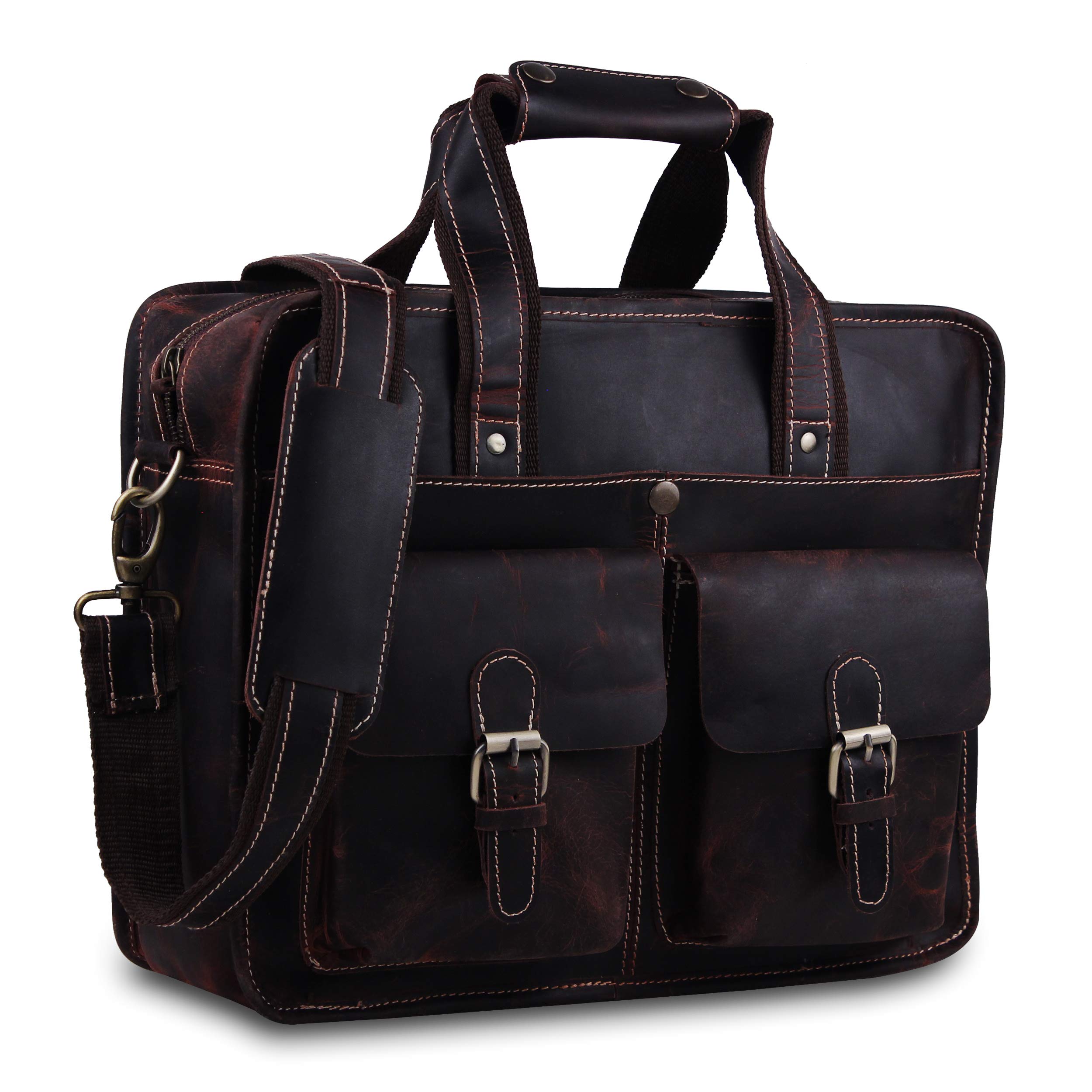 ZAKKOT Unisex Leather Briefcase Messenger Laptop Bag For Office, Work, Business & Travel 15 Inch