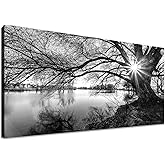 LKY ART Wall Art Decor Black and White Lake Landscape Canvas Wall Art Old Tree Silhouette with Sunburst Nature Photography Print Picture Artwork for Living Room Office Bedroom 20 x 40 inches