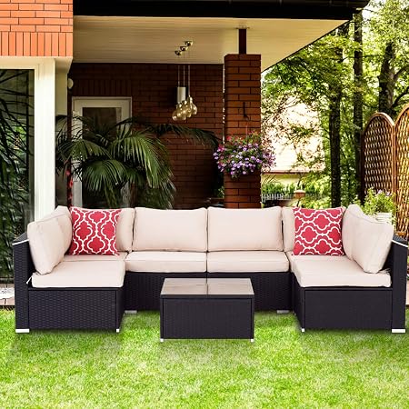 Amazon Com Aclumsy Patio 7 Piece Outdoor Patio Furniture Sets Pe Rattan Conversation Sofa Set Sectional Wicker Chair With Cushions And Tea Table Black Garden Outdoor
